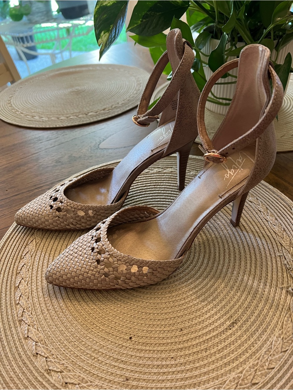 Woven Pointed-Toe Ankle-Strap Heels - Taupe
